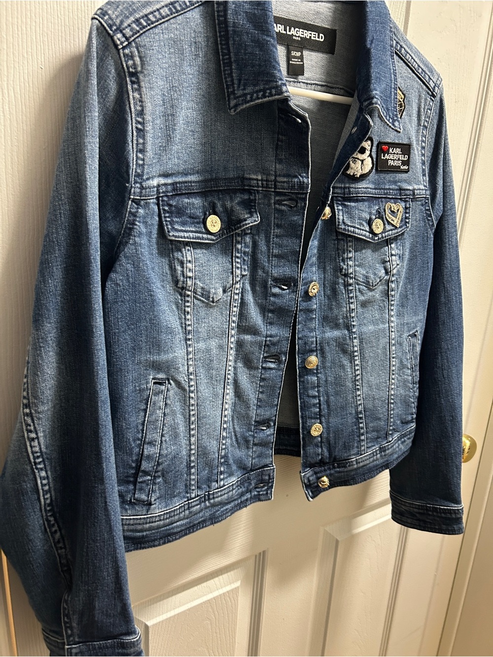 Karl Lagerfeld Blue Denim Jacket with Logo Patches- SZ SMALL - NWOT - Picture 3 of 10